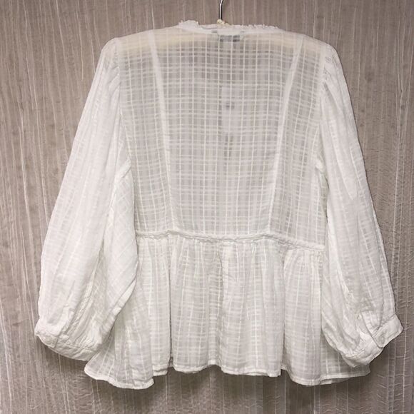 AE M Sheer Crisp White Baby Doll Balloon Sleeve Plaid Blouse - Picture 2 of 13